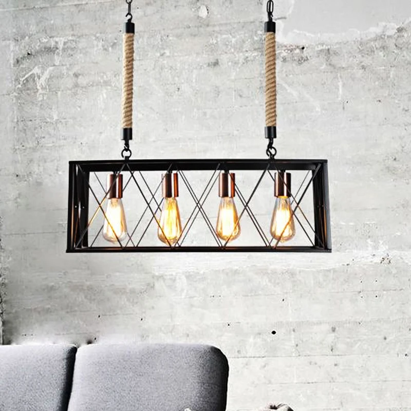 Lineaire metalen eilandverlichting met X-Cage schaduw Vintage industriële 4-lampen woonkamer eiland hanglamp zwart Clearhalo