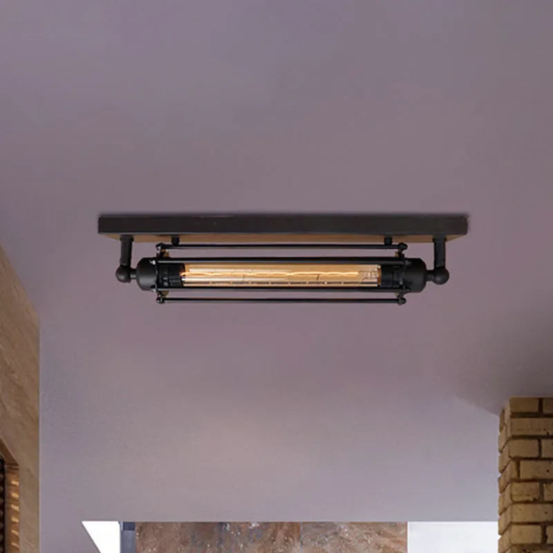 Lineaire plafondmontagelamp met kooikap, retrostijl, zwart metallic, inbouwplafondlamp Clearhalo