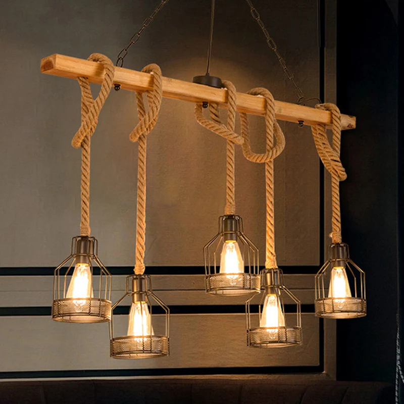 Lineaire restauranthangende eilandlamp Cottage hout 3/5-lichtbruine hanglamp met kooi Clearhalo