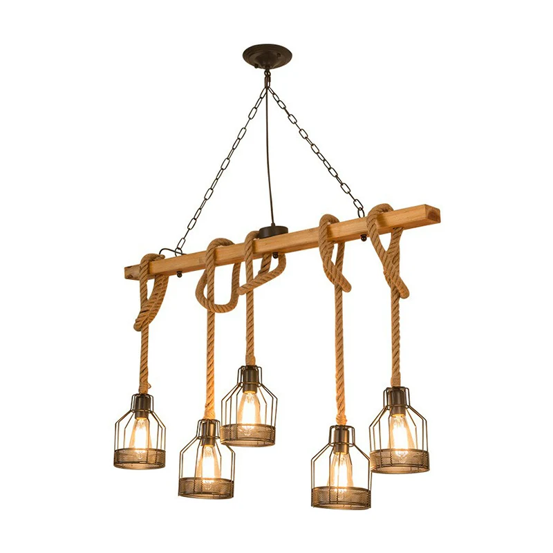 Lineaire restauranthangende eilandlamp Cottage hout 3/5-lichtbruine hanglamp met kooi Clearhalo