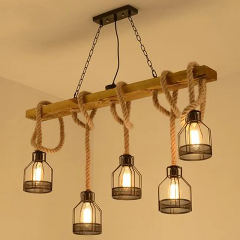 Lineaire restauranthangende eilandlamp Cottage hout 3/5-lichtbruine hanglamp met kooi Clearhalo