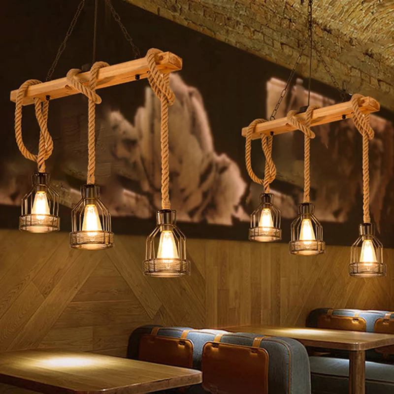 Lineaire restauranthangende eilandlamp Cottage hout 3/5-lichtbruine hanglamp met kooi Clearhalo