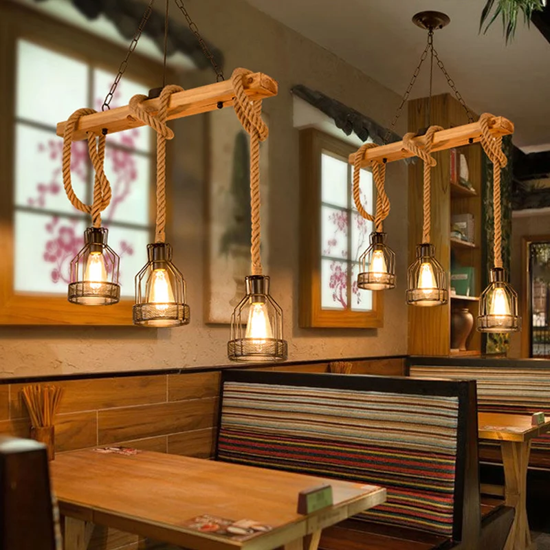 Lineaire restauranthangende eilandlamp Cottage hout 3/5-lichtbruine hanglamp met kooi Clearhalo