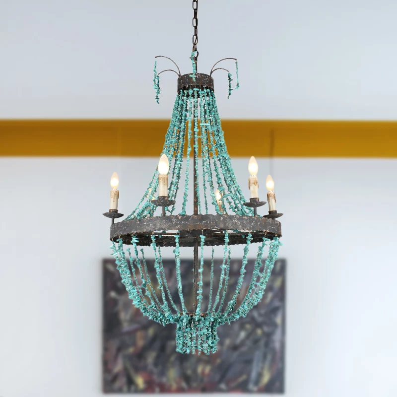 Lineaire stenen hangende kroonluchter Traditionele 6-kops blauwe plafondhanglamp voor woonkamer Clearhalo