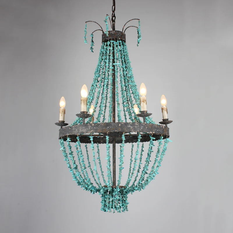 Lineaire stenen hangende kroonluchter Traditionele 6-kops blauwe plafondhanglamp voor woonkamer Clearhalo