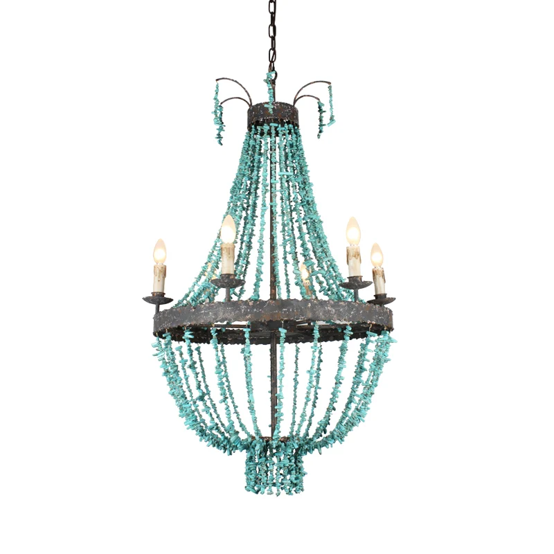 Lineaire stenen hangende kroonluchter Traditionele 6-kops blauwe plafondhanglamp voor woonkamer Clearhalo