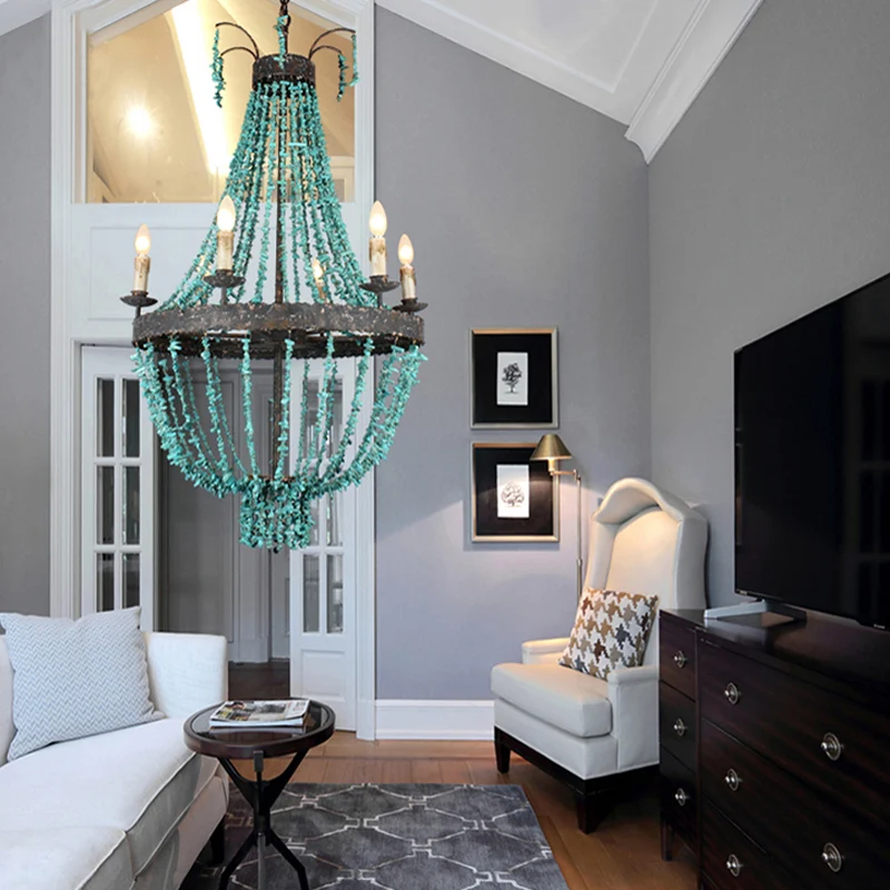 Lineaire stenen hangende kroonluchter Traditionele 6-kops blauwe plafondhanglamp voor woonkamer Clearhalo