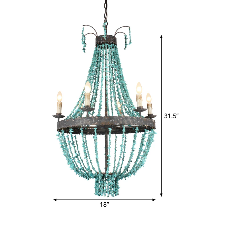 Lineaire stenen hangende kroonluchter Traditionele 6-kops blauwe plafondhanglamp voor woonkamer Clearhalo
