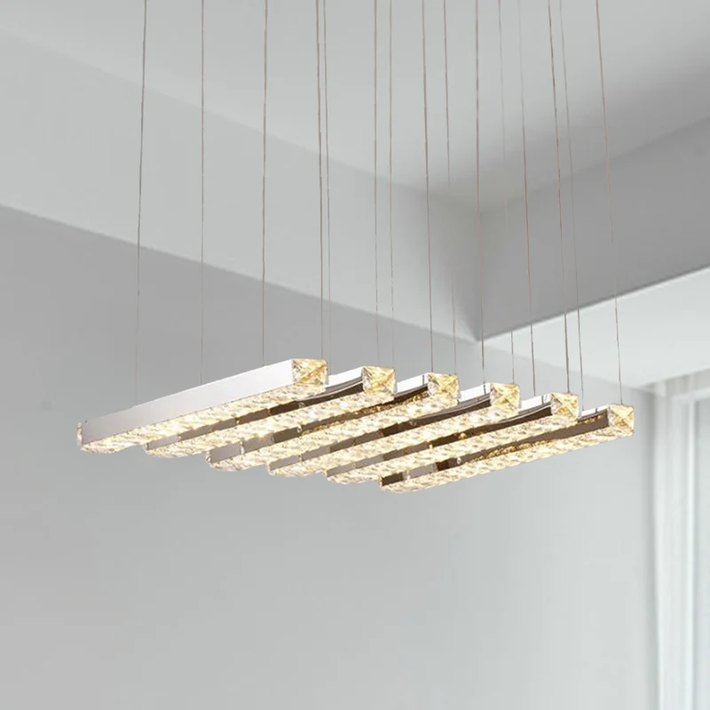 Lineaire woonkamer plafondkroonluchter eenvoudige stijl K9 kristal 6/9 koppen zilveren hanglamp warm/wit licht Clearhalo