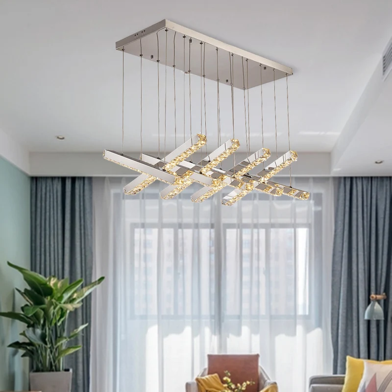 Lineaire woonkamer plafondkroonluchter eenvoudige stijl K9 kristal 6/9 koppen zilveren hanglamp warm/wit licht Clearhalo