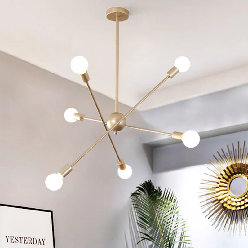 Lineaire woonkamerkroonluchter metallic 6-kops modernistische hangende plafondlamp messing Clearhalo