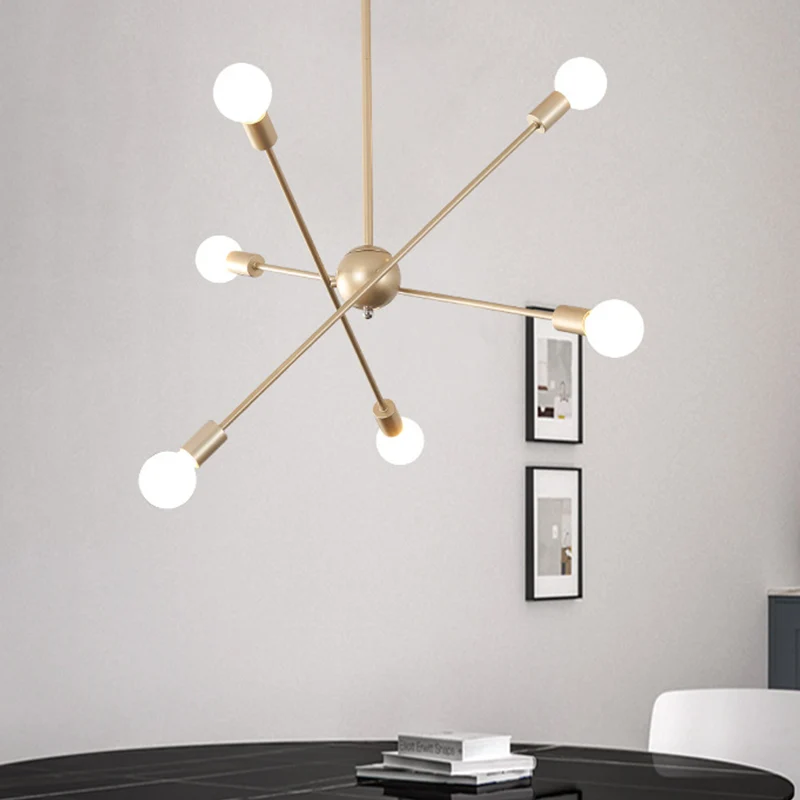 Lineaire woonkamerkroonluchter metallic 6-kops modernistische hangende plafondlamp messing Clearhalo