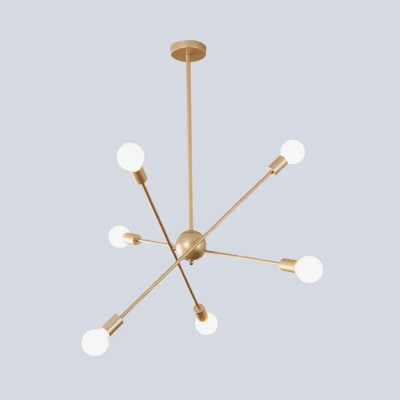 Lineaire woonkamerkroonluchter metallic 6-kops modernistische hangende plafondlamp messing Clearhalo