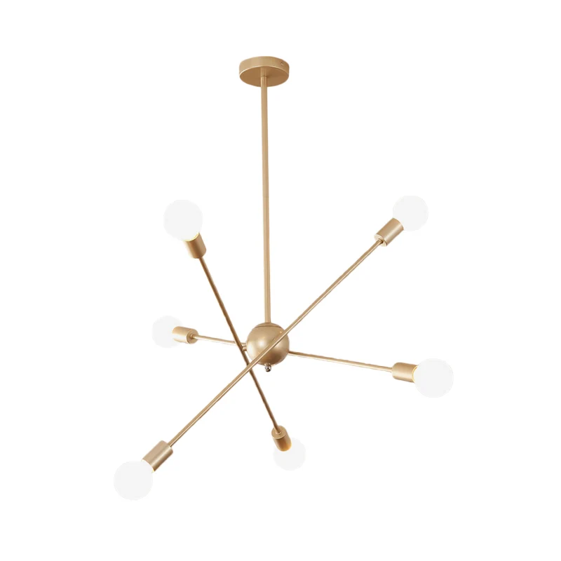 Lineaire woonkamerkroonluchter metallic 6-kops modernistische hangende plafondlamp messing Clearhalo