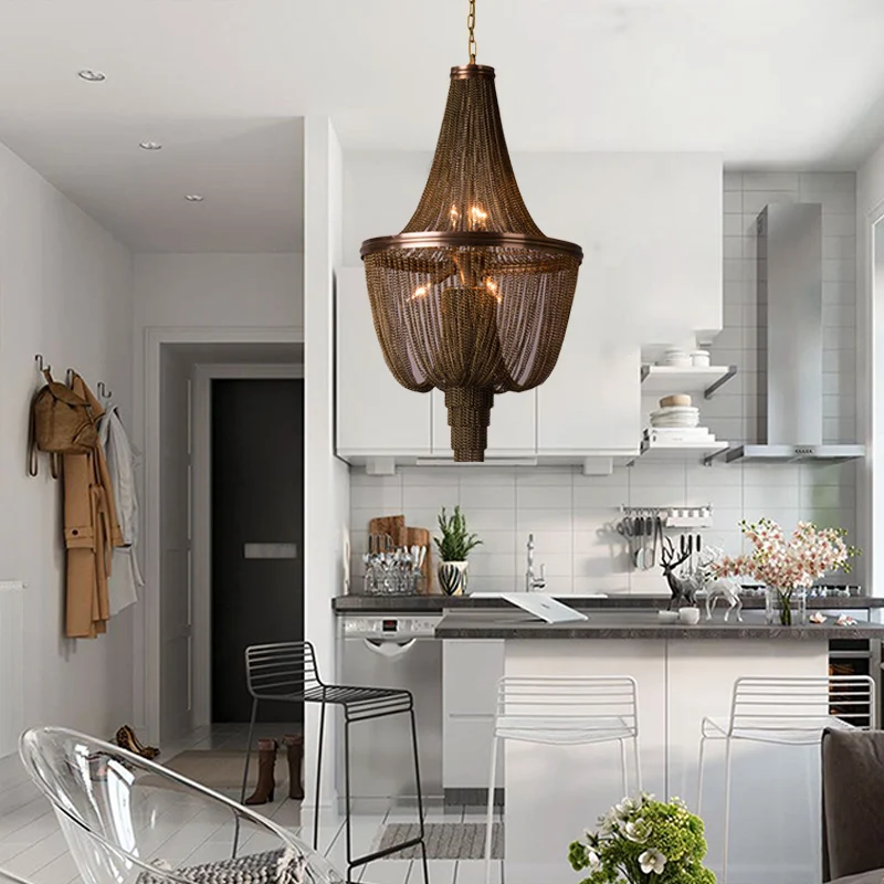 Lodge Chain Fringe kroonluchterlamp 6-lichts metalen hanglampset bruin voor woonkamer Clearhalo