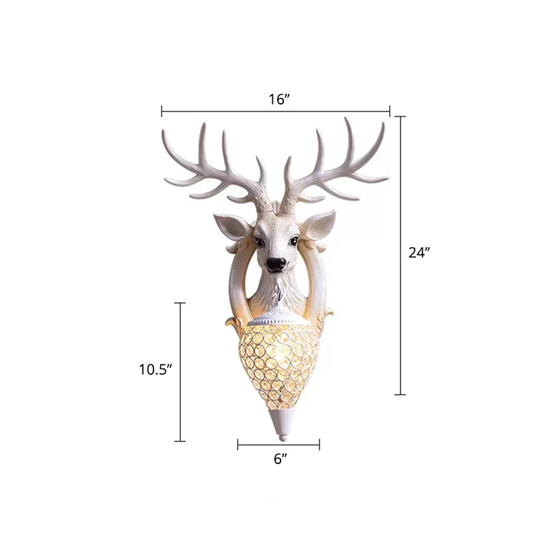 Lodge Deer Head wandlamp, 1 lamp, wandkandelaar van hars met traanvormige kristallen kap Clearhalo