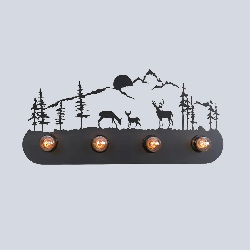Lodge Open Bulb Wandlamp met Elanden/Paard/Schapen/Berg/Windmolen/Boom Design 4 Lampen Metallic Wandkandelaar Zwart voor B...