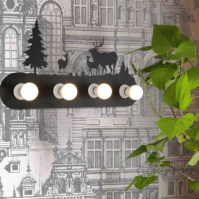Lodge Open Bulb Wandlamp met Elanden/Paard/Schapen/Berg/Windmolen/Boom Design 4 Lampen Metallic Wandkandelaar Zwart voor B...
