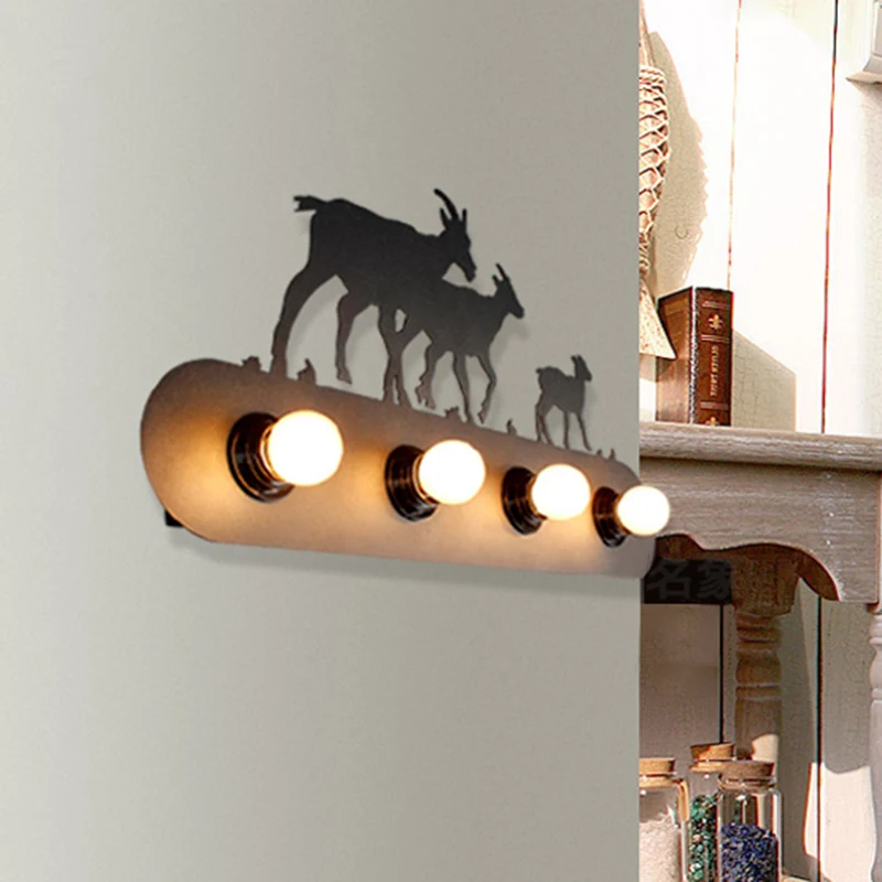 Lodge Open Bulb Wandlamp met Elanden/Paard/Schapen/Berg/Windmolen/Boom Design 4 Lampen Metallic Wandkandelaar Zwart voor B...