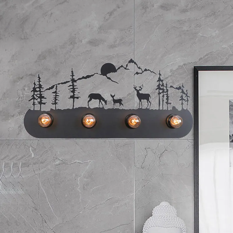 Lodge Open Bulb Wandlamp met Elanden/Paard/Schapen/Berg/Windmolen/Boom Design 4 Lampen Metallic Wandkandelaar Zwart voor B...