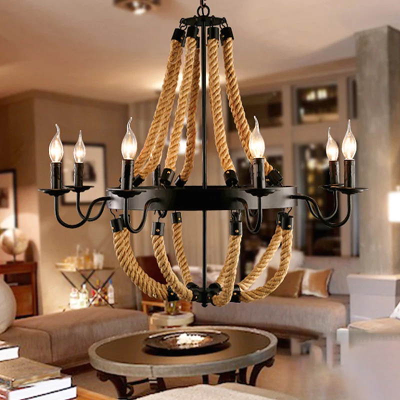 Loft-stijl kandelaar kroonluchter 8 lampen henneptouw hanglamp zwart voor woonkamer Clearhalo
