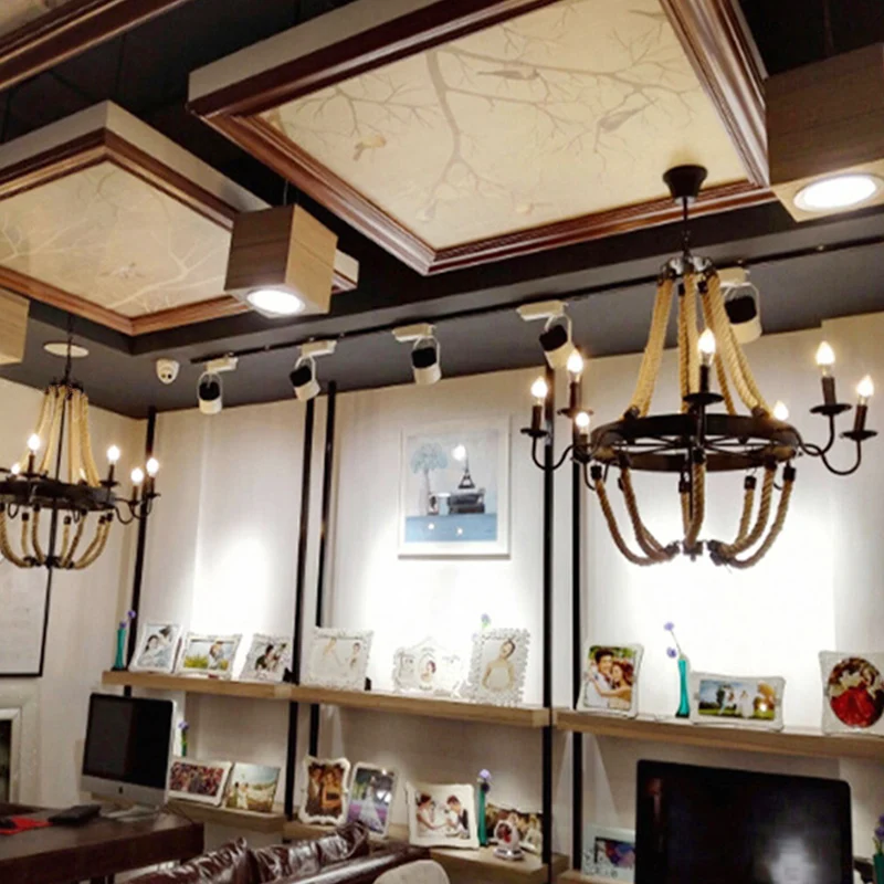 Loft-stijl kandelaar kroonluchter 8 lampen henneptouw hanglamp zwart voor woonkamer Clearhalo