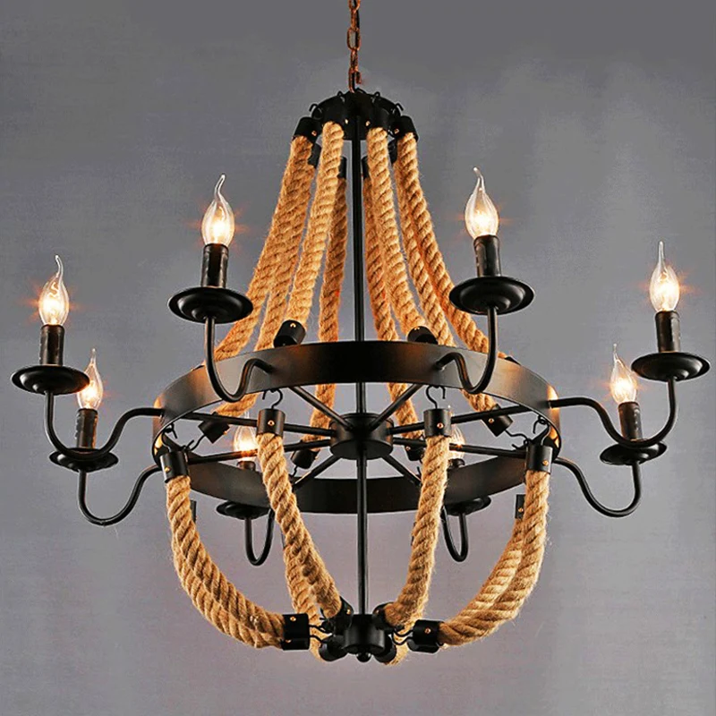 Loft-stijl kandelaar kroonluchter 8 lampen henneptouw hanglamp zwart voor woonkamer Clearhalo
