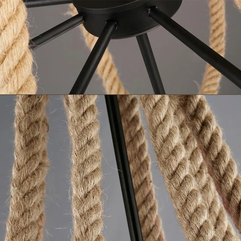 Loft-stijl kandelaar kroonluchter 8 lampen henneptouw hanglamp zwart voor woonkamer Clearhalo