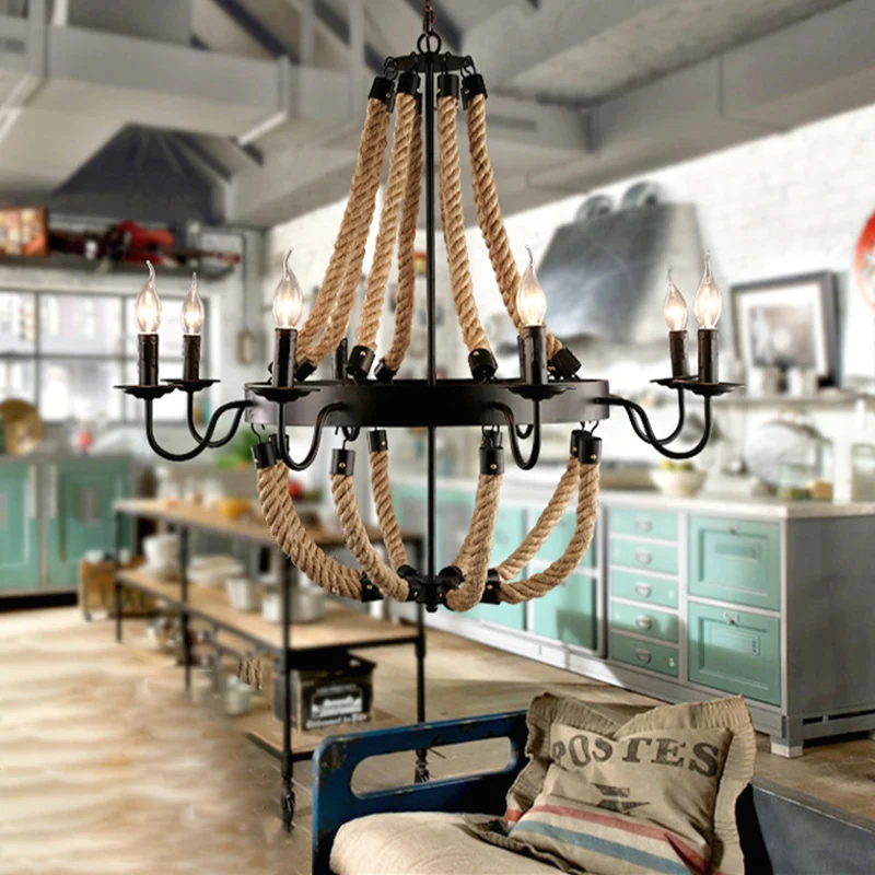 Loft-stijl kandelaar kroonluchter 8 lampen henneptouw hanglamp zwart voor woonkamer Clearhalo
