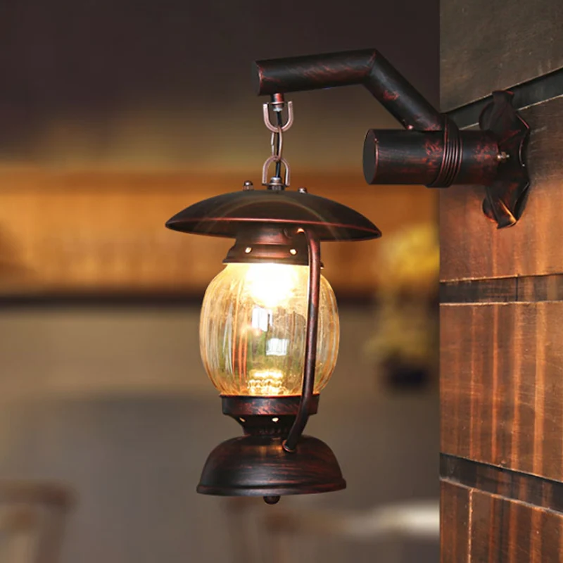 Loft-stijl lantaarn schanslamp enkele kop helder gecanneleerd glas wandgemonteerde verlichting verweerd koper Clearhalo
