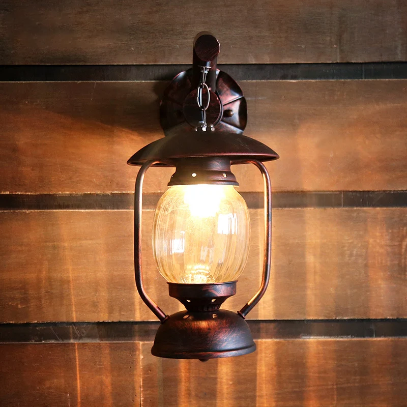 Loft-stijl lantaarn schanslamp enkele kop helder gecanneleerd glas wandgemonteerde verlichting verweerd koper Clearhalo