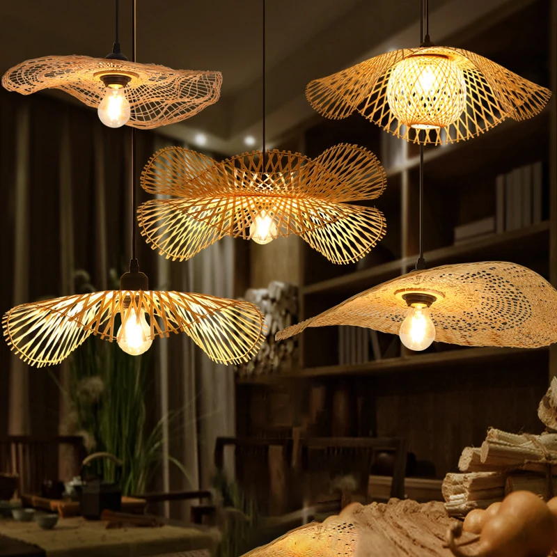 Lotusblad Restaurant Plafondlamp Bamboe 1 Lamp Aziatische Stijl Hanglamp Hout Clearhalo