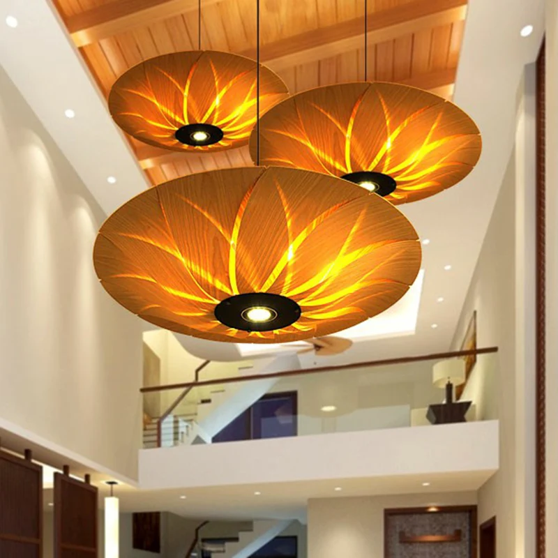 Lotusbladvormige plafondlamp van houtfineer, Zuid-Oost-Azië, hangende hanglamp met 1 kop Clearhalo