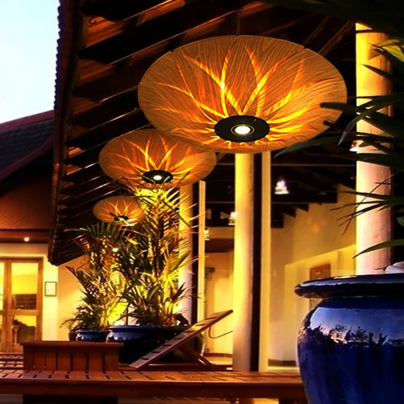Lotusbladvormige plafondlamp van houtfineer, Zuid-Oost-Azië, hangende hanglamp met 1 kop Clearhalo