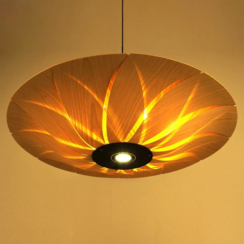 Lotusbladvormige plafondlamp van houtfineer, Zuid-Oost-Azië, hangende hanglamp met 1 kop Clearhalo