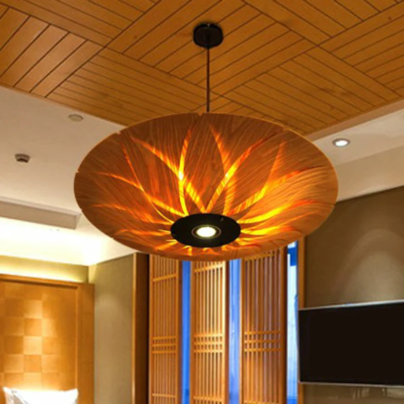 Lotusbladvormige plafondlamp van houtfineer, Zuid-Oost-Azië, hangende hanglamp met 1 kop Clearhalo