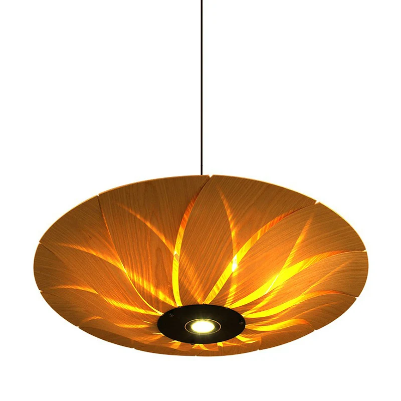 Lotusbladvormige plafondlamp van houtfineer, Zuid-Oost-Azië, hangende hanglamp met 1 kop Clearhalo