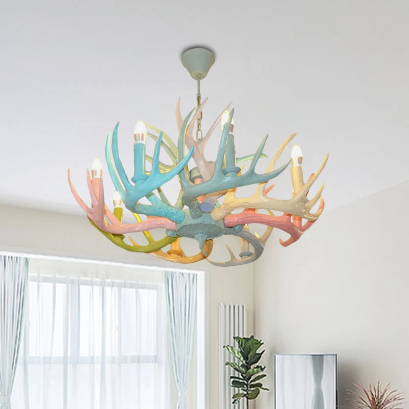 Macaron Antler plafondkroonluchter hars 4/6 lampen kinderkamer hanglamp blauw-roze-geel met open lampontwerp Clearhalo