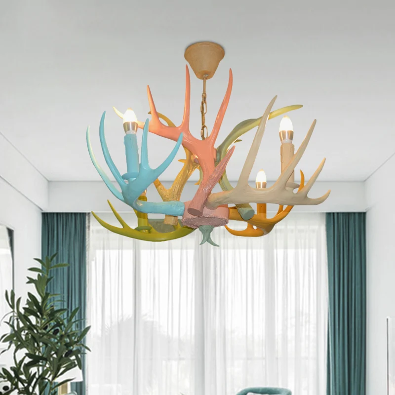 Macaron Antler plafondkroonluchter hars 4/6 lampen kinderkamer hanglamp blauw-roze-geel met open lampontwerp Clearhalo