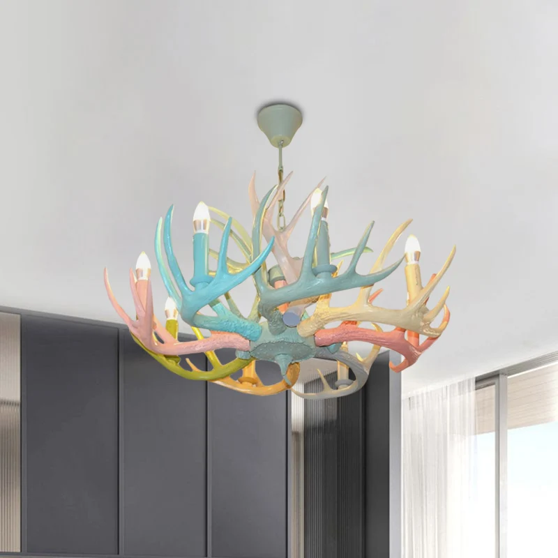 Macaron Antler plafondkroonluchter hars 4/6 lampen kinderkamer hanglamp blauw-roze-geel met open lampontwerp Clearhalo