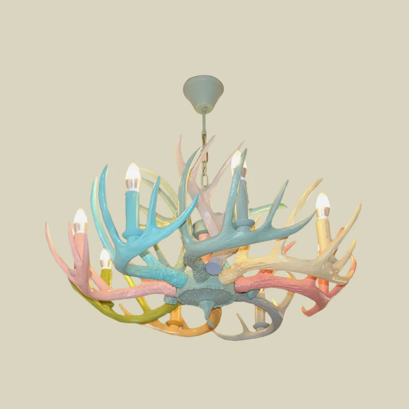 Macaron Antler plafondkroonluchter hars 4/6 lampen kinderkamer hanglamp blauw-roze-geel met open lampontwerp Clearhalo