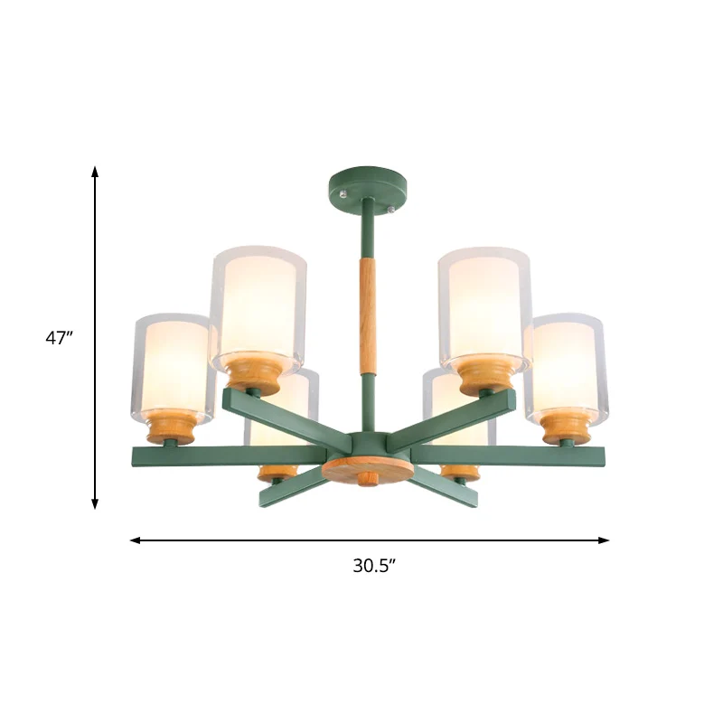 Macaron Cilinder Kroonluchter Hanglamp Melkglas 3/5/6 Lichten Hangende Plafondlamp Roze/Geel/Groen voor Woonkamer Clearhalo