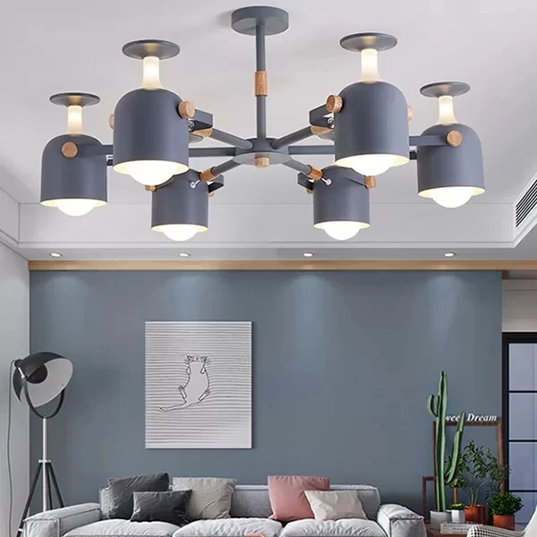 Macaron gekleurde bekerkroonluchter 6-kops Scandinavische metalen hanglamp voor studeerkamer Clearhalo