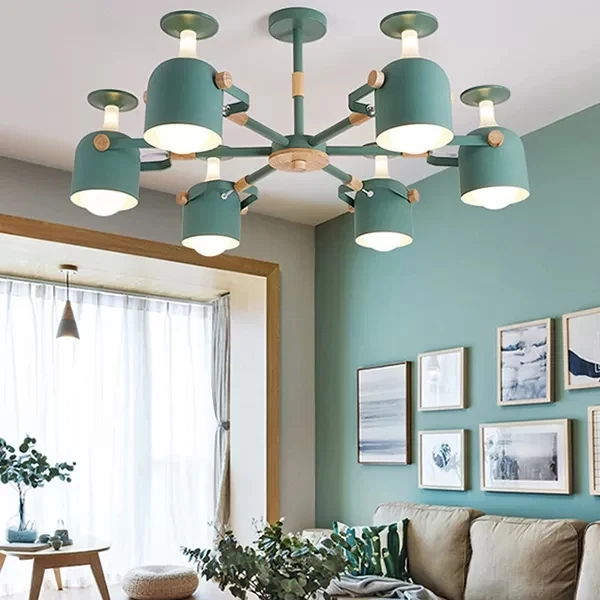 Macaron gekleurde bekerkroonluchter 6-kops Scandinavische metalen hanglamp voor studeerkamer Clearhalo