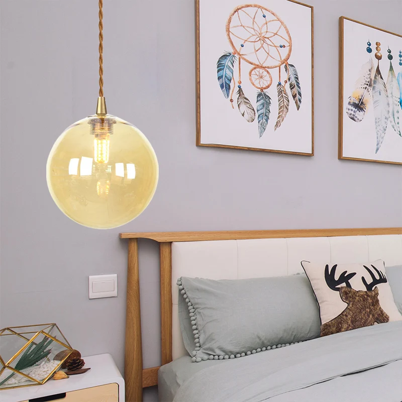 Macaron Globe/Gem hanglamp amber/wit/rood glas 1 licht hanglamp met touw voor slaapkamer Clearhalo