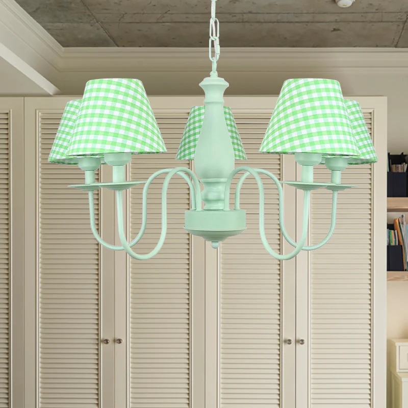 Macaron Loft Plaid Shade Kroonluchter Metaal 4 Lichts Groen Hanglamp voor verpleegkamer Clearhalo