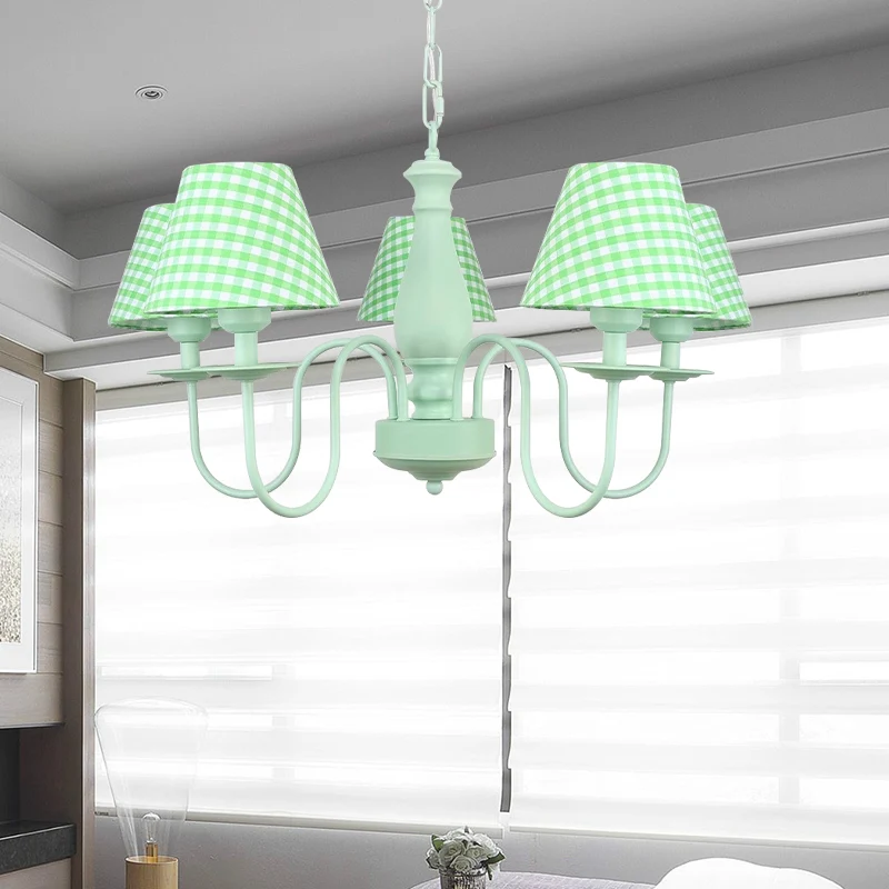Macaron Loft Plaid Shade Kroonluchter Metaal 4 Lichts Groen Hanglamp voor verpleegkamer Clearhalo