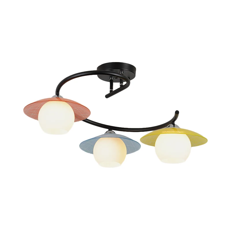 Macaron wervelijzer, semi-inbouw, 3 lampen, plafondverlichting zwart met koepelvormige glazen kap en gekleurde schoteldop...