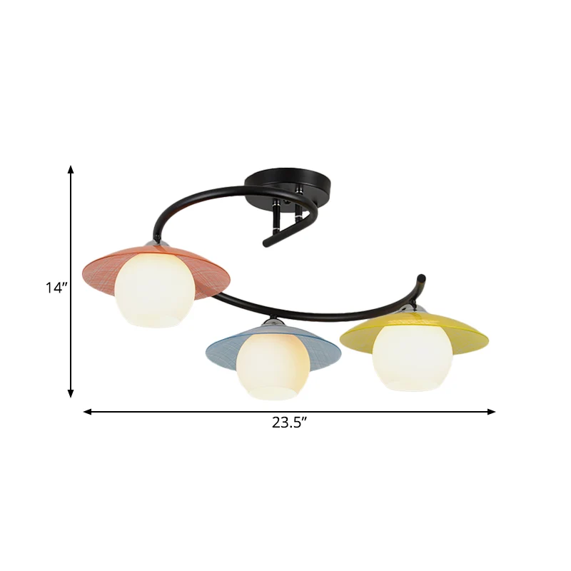 Macaron wervelijzer, semi-inbouw, 3 lampen, plafondverlichting zwart met koepelvormige glazen kap en gekleurde schoteldop...
