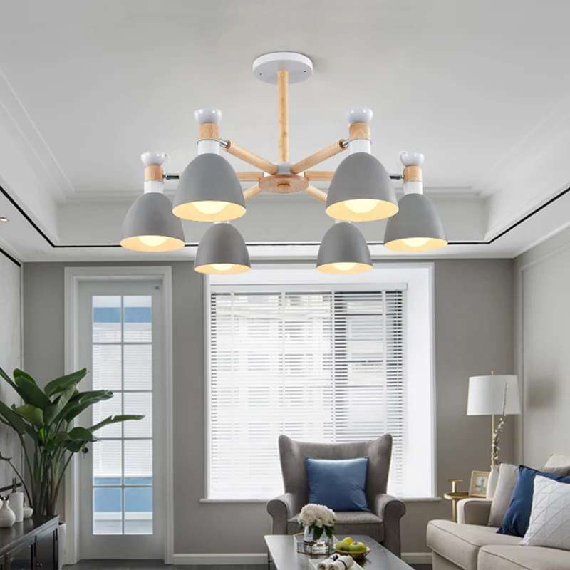 Macaron-stijl belkroonluchter, verlichting, metalen slaapkamerhanglamp met houten staaf Clearhalo